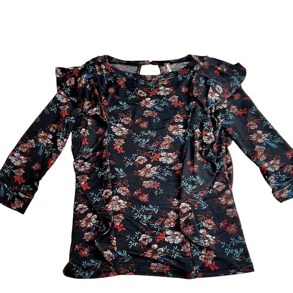 Free People Black Floral Sheer Ruffle Detail Three Quarter Sleeve Top Size S